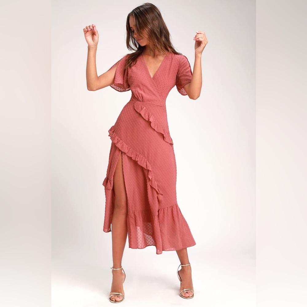 LULUS- Next to You Rusty Rose Swiss Dot Ruffled Midi Dress - BNWT Small
